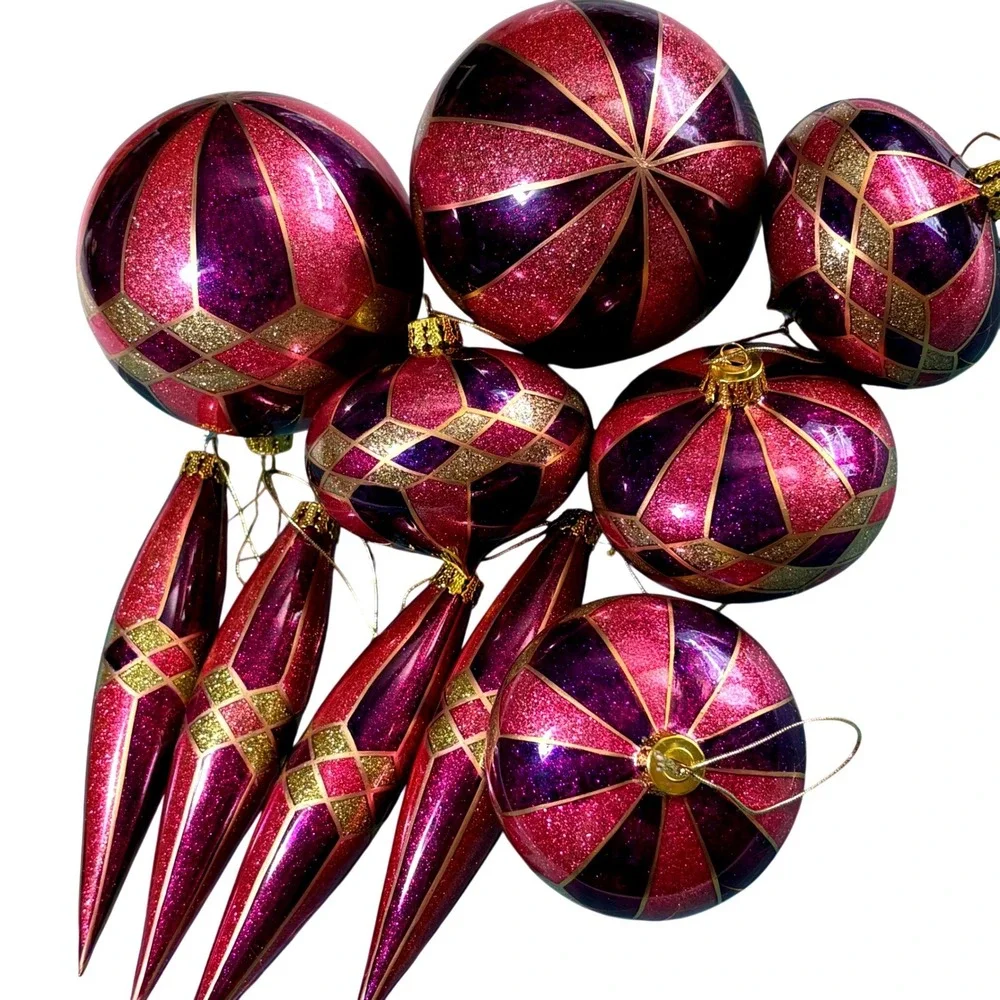 10 Purple Pink Gold Glitter Christmas‎ Ornament Set Harlequin Finial Round